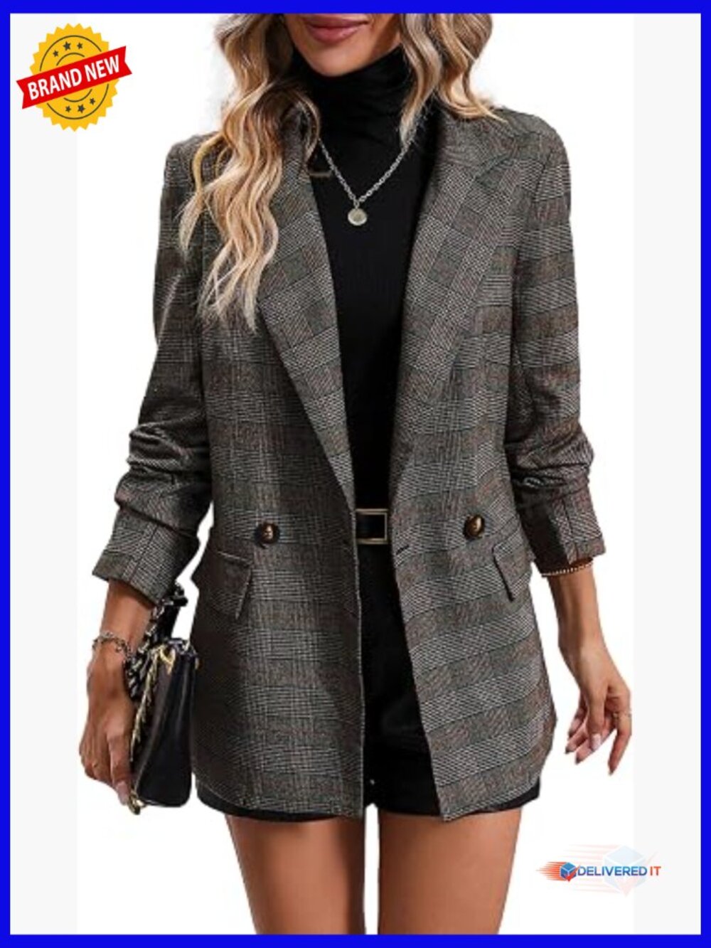 Lightweight Fully Lined Plaid Houndstooth Blazer with Pockets